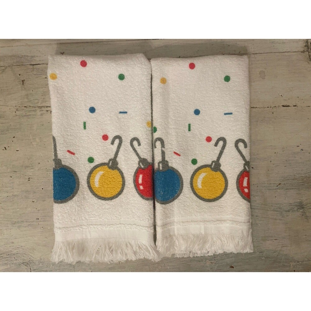 2 Vintage Christmas Ornaments Hand Towels w/ Fringe 1985 Colorful New Whimsy
